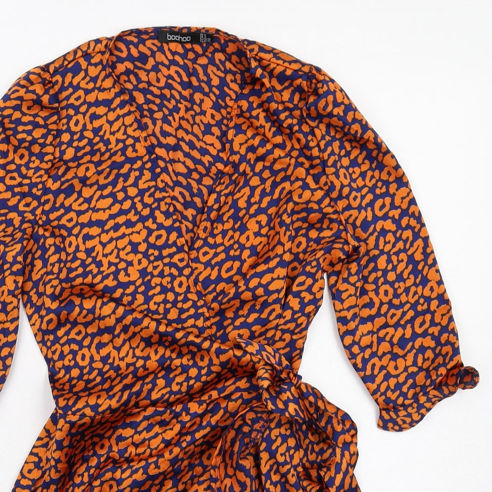 Boohoo Womens Orange Animal Print Polyester Wrap Dress Size 4 V-Neck Tie - Leopard pattern