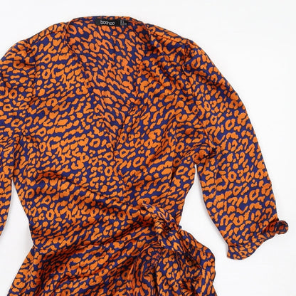 Boohoo Womens Orange Animal Print Polyester Wrap Dress Size 4 V-Neck Tie - Leopard pattern