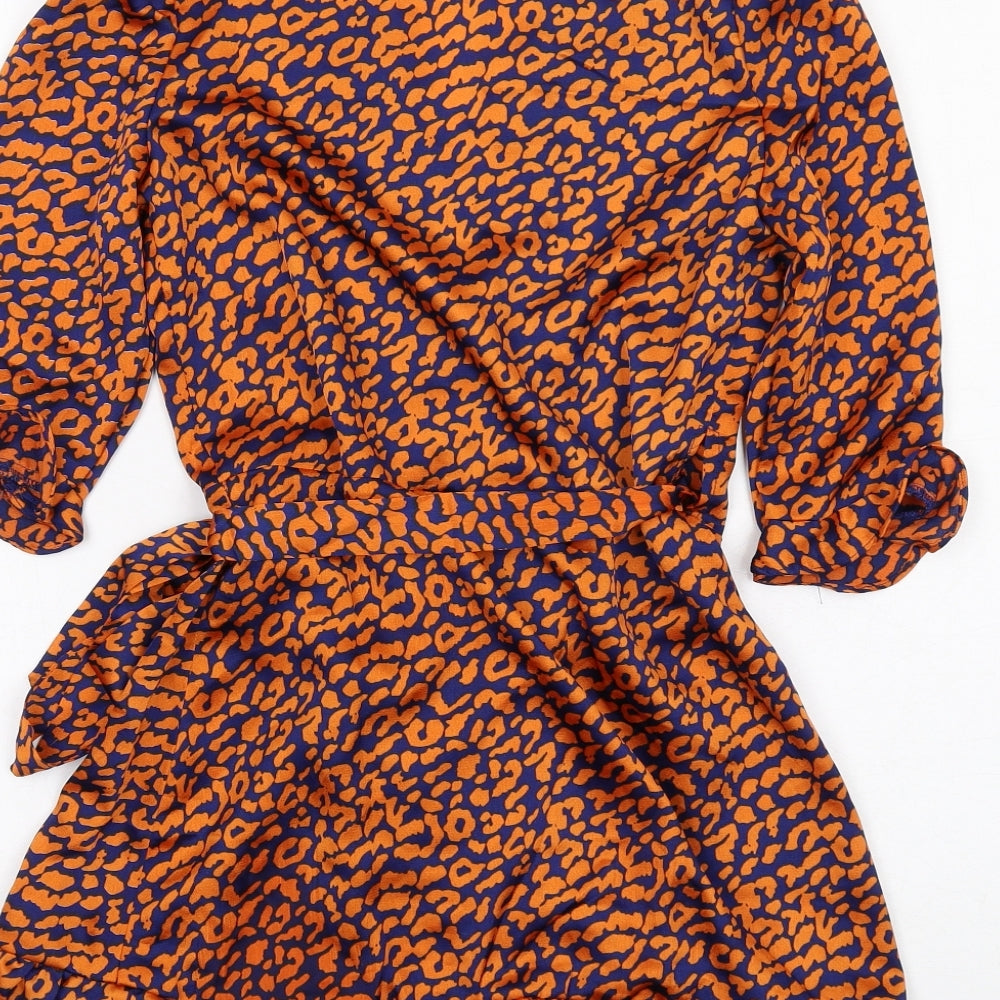 Boohoo Womens Orange Animal Print Polyester Wrap Dress Size 4 V-Neck Tie - Leopard pattern