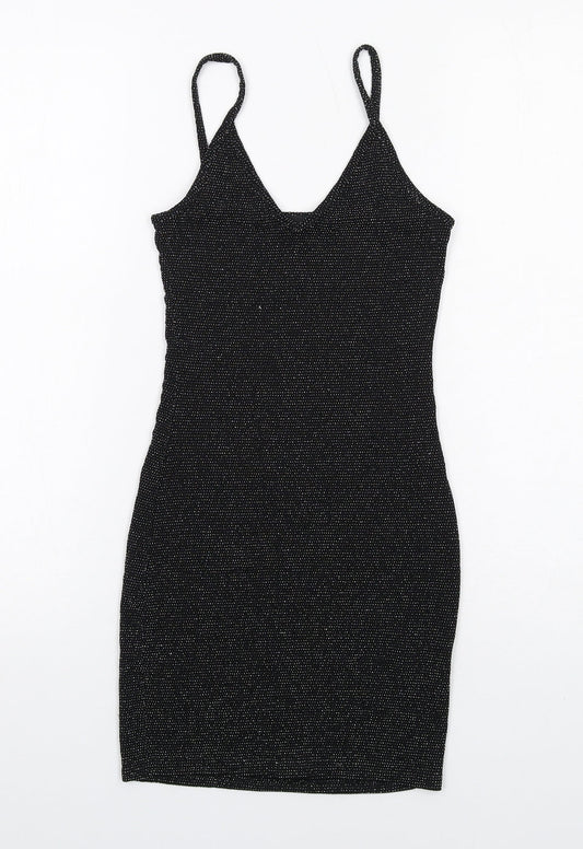 PRETTYLITTLETHING Womens Black Nylon Bodycon Size 4 V-Neck Pullover