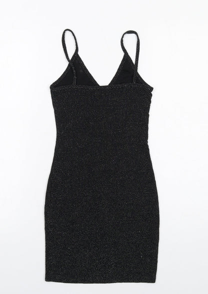 PRETTYLITTLETHING Womens Black Nylon Bodycon Size 4 V-Neck Pullover