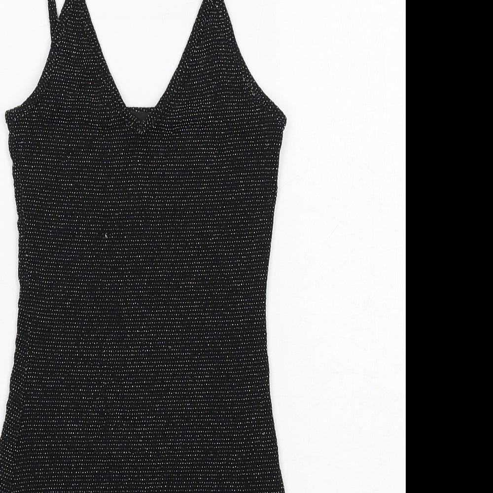 PRETTYLITTLETHING Womens Black Nylon Bodycon Size 4 V-Neck Pullover