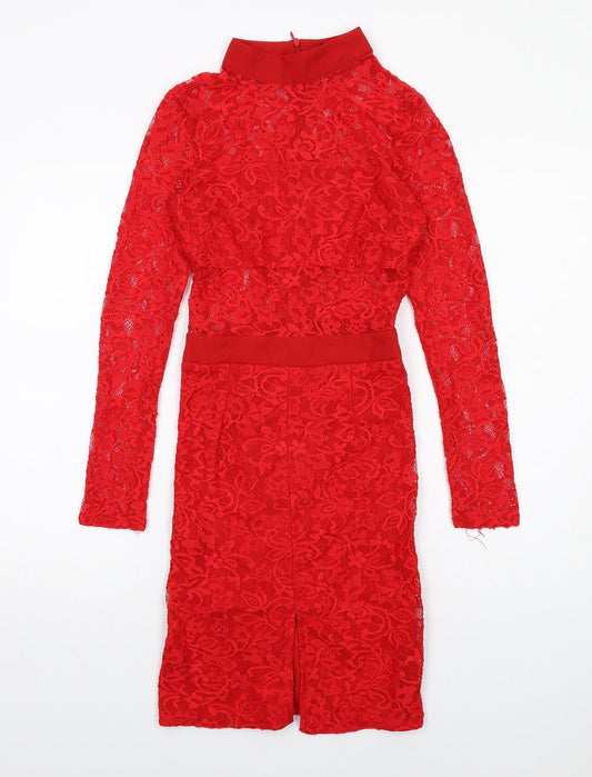 PRETTYLITTLETHING Womens Red Geometric Nylon A-Line Size 6 Round Neck Zip