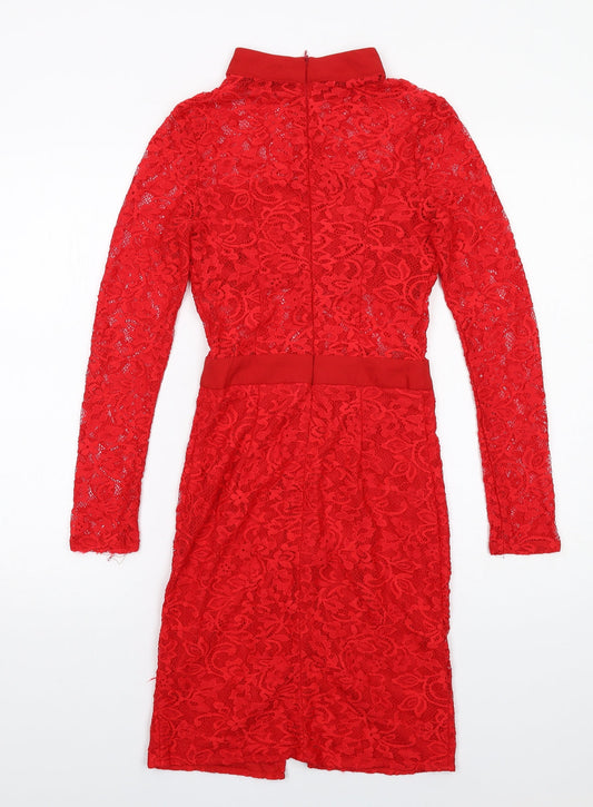 PRETTYLITTLETHING Womens Red Geometric Nylon A-Line Size 6 Round Neck Zip