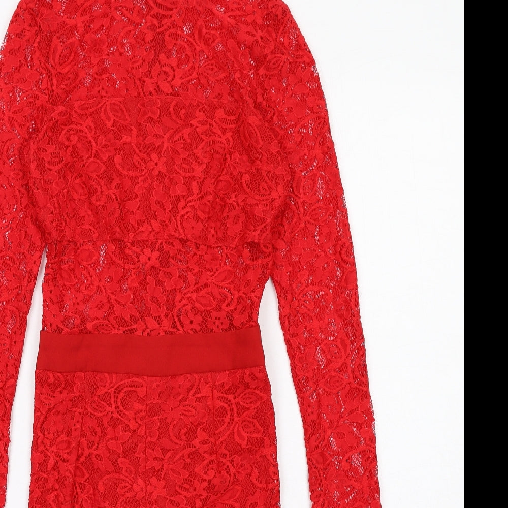 PRETTYLITTLETHING Womens Red Geometric Nylon A-Line Size 6 Round Neck Zip