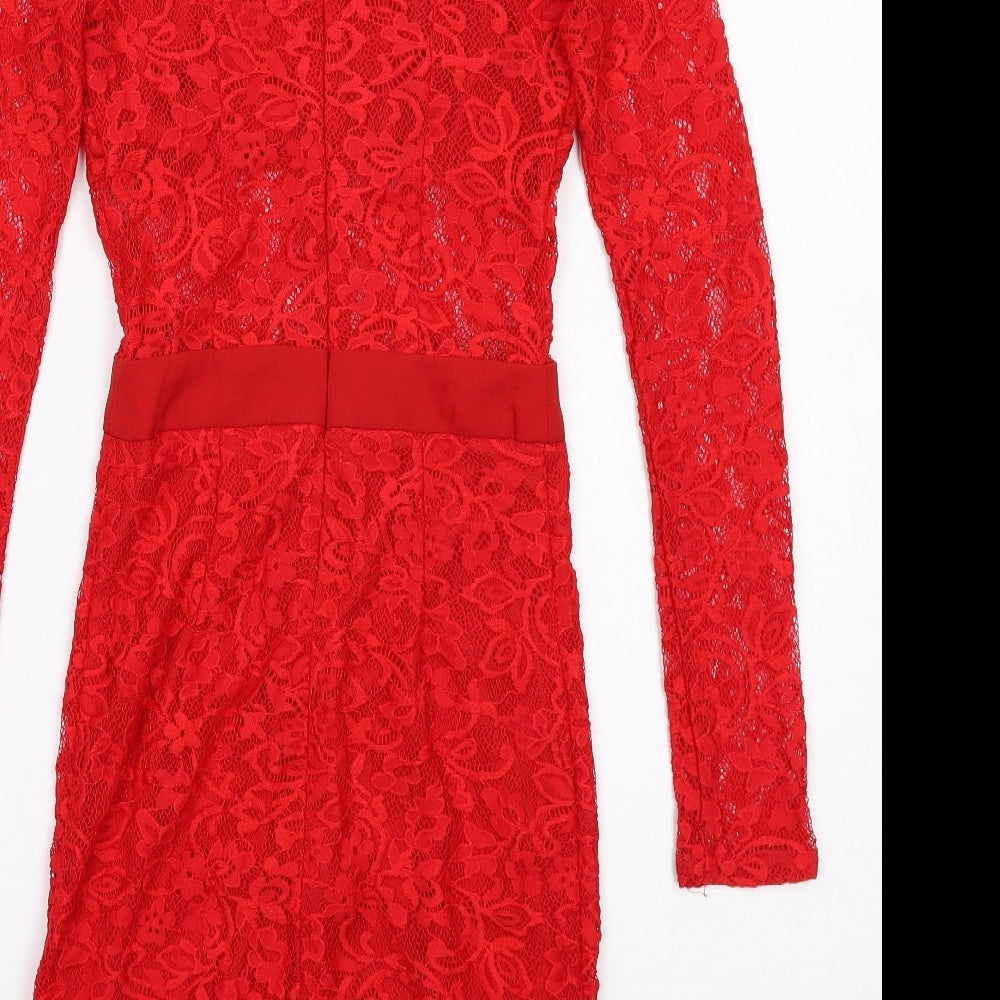 PRETTYLITTLETHING Womens Red Geometric Nylon A-Line Size 6 Round Neck Zip