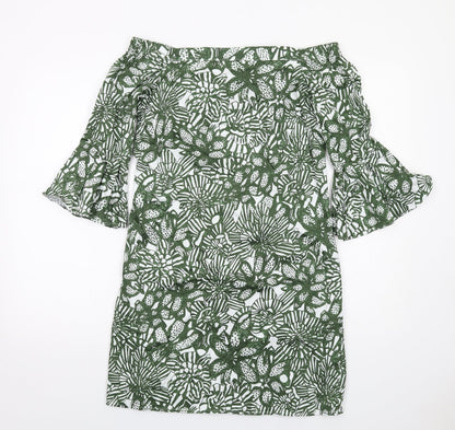 H&M Womens Green Floral Cotton A-Line Size 8 Off the Shoulder Pullover