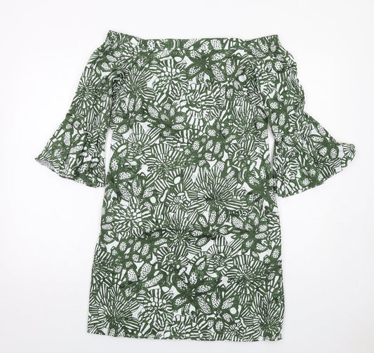 H&M Womens Green Floral Cotton A-Line Size 8 Off the Shoulder Pullover