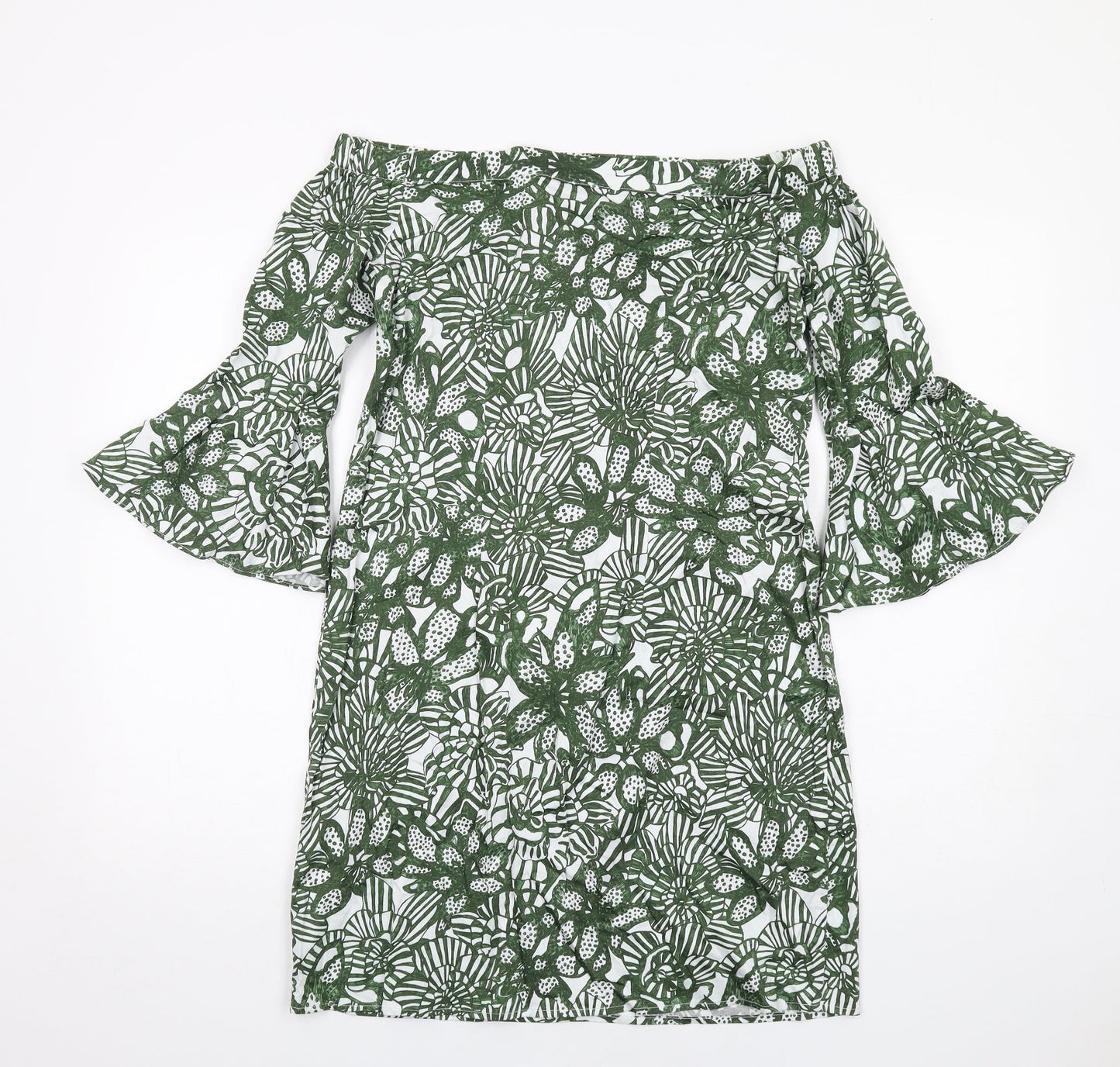 H&M Womens Green Floral Cotton A-Line Size 8 Off the Shoulder Pullover