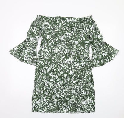 H&M Womens Green Floral Cotton A-Line Size 8 Off the Shoulder Pullover