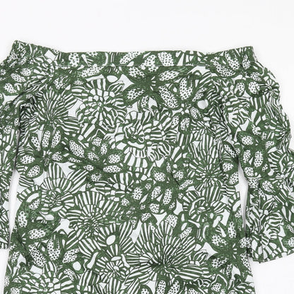 H&M Womens Green Floral Cotton A-Line Size 8 Off the Shoulder Pullover