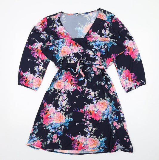 Only Womens Blue Floral Polyester A-Line Size 14 V-Neck Pullover