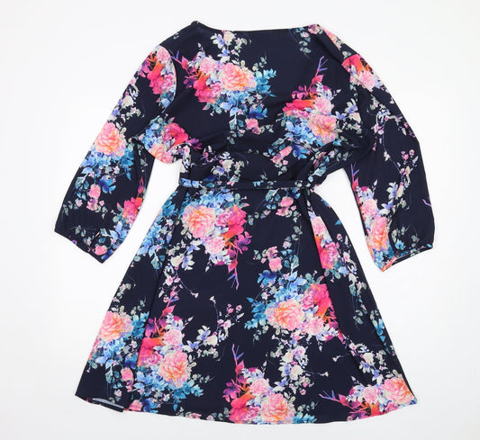 Only Womens Blue Floral Polyester A-Line Size 14 V-Neck Pullover