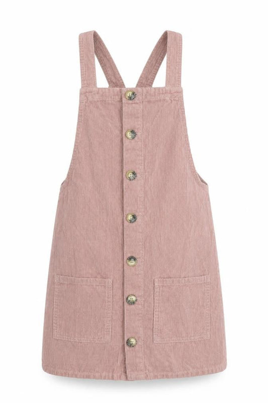 Front view of Denim & Co. women’s pink 100% cotton pinafore/dungaree dress, size UK 6, square neck button