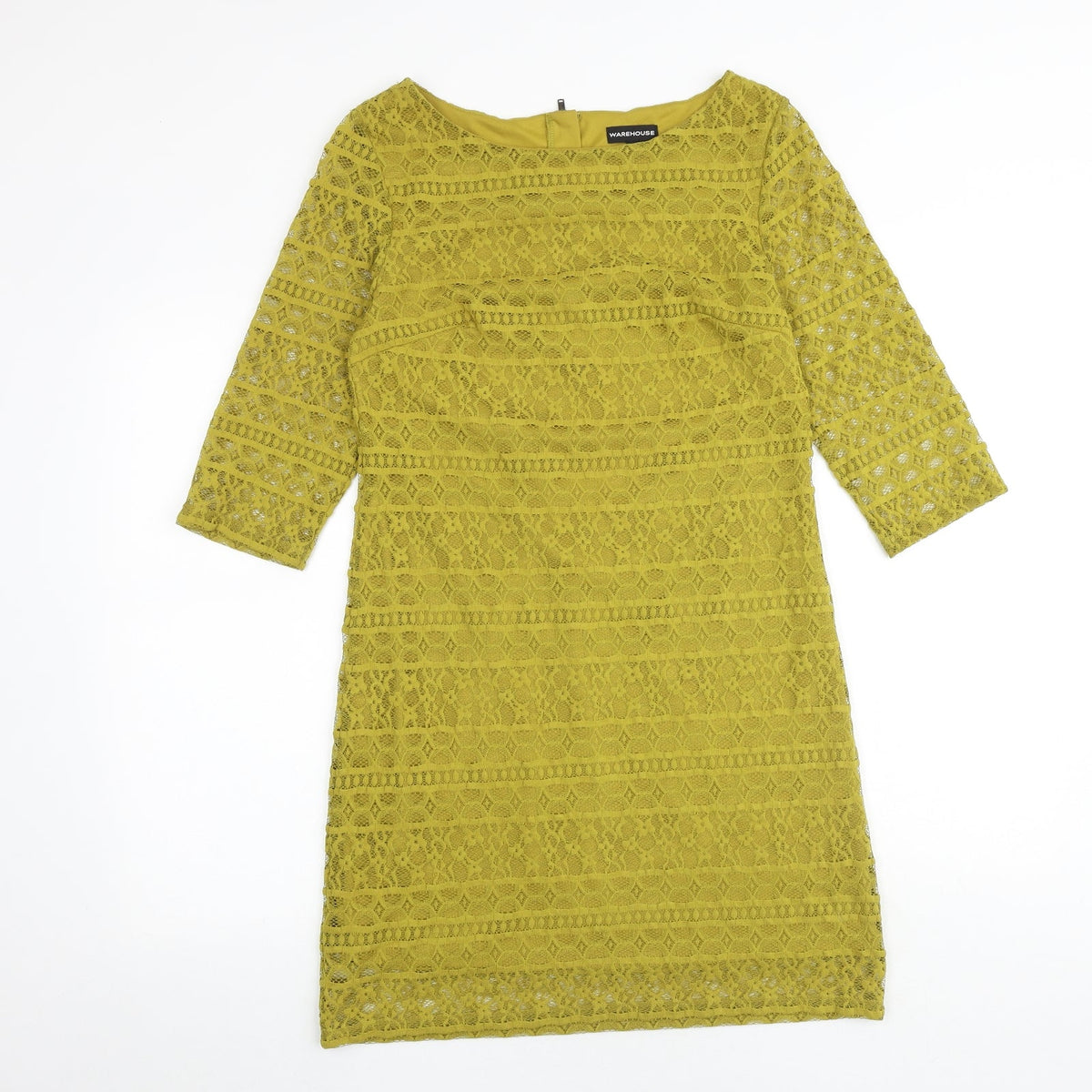 Warehouse Womens Green Geometric Polyester A-Line Size 12 Round Neck Zip