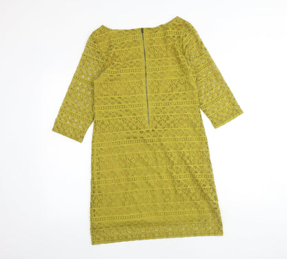 Warehouse Womens Green Geometric Polyester A-Line Size 12 Round Neck Zip