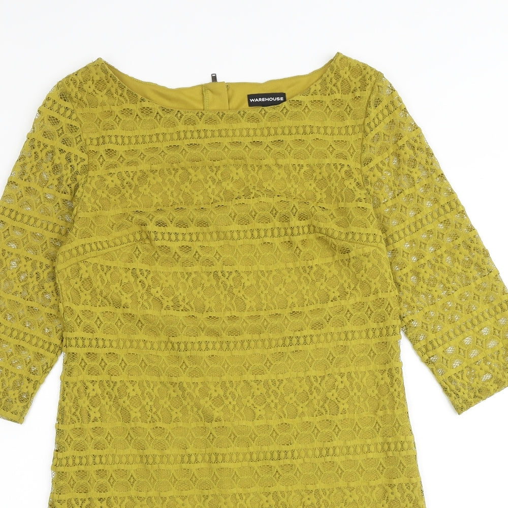 Warehouse Womens Green Geometric Polyester A-Line Size 12 Round Neck Zip