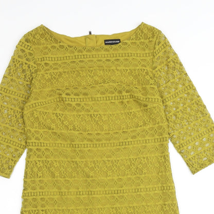 Warehouse Womens Green Geometric Polyester A-Line Size 12 Round Neck Zip