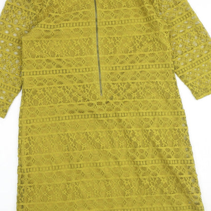 Warehouse Womens Green Geometric Polyester A-Line Size 12 Round Neck Zip