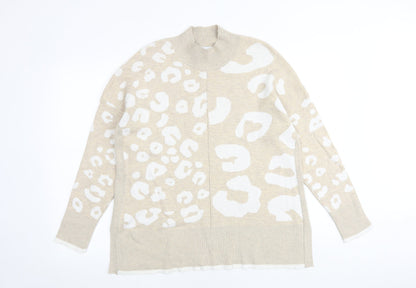 Mud Flowers Womens Beige High Neck Animal Print 100% Cotton Pullover Jumper Size M - Leopard Print
