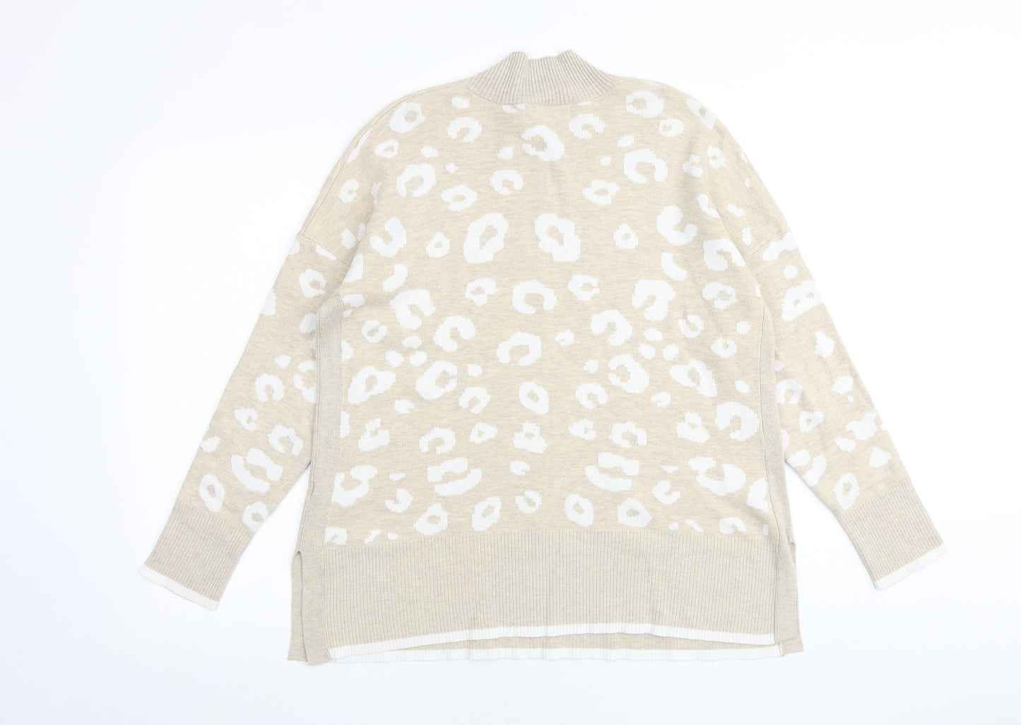 Mud Flowers Womens Beige High Neck Animal Print 100% Cotton Pullover Jumper Size M - Leopard Print