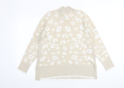 Mud Flowers Womens Beige High Neck Animal Print 100% Cotton Pullover Jumper Size M - Leopard Print