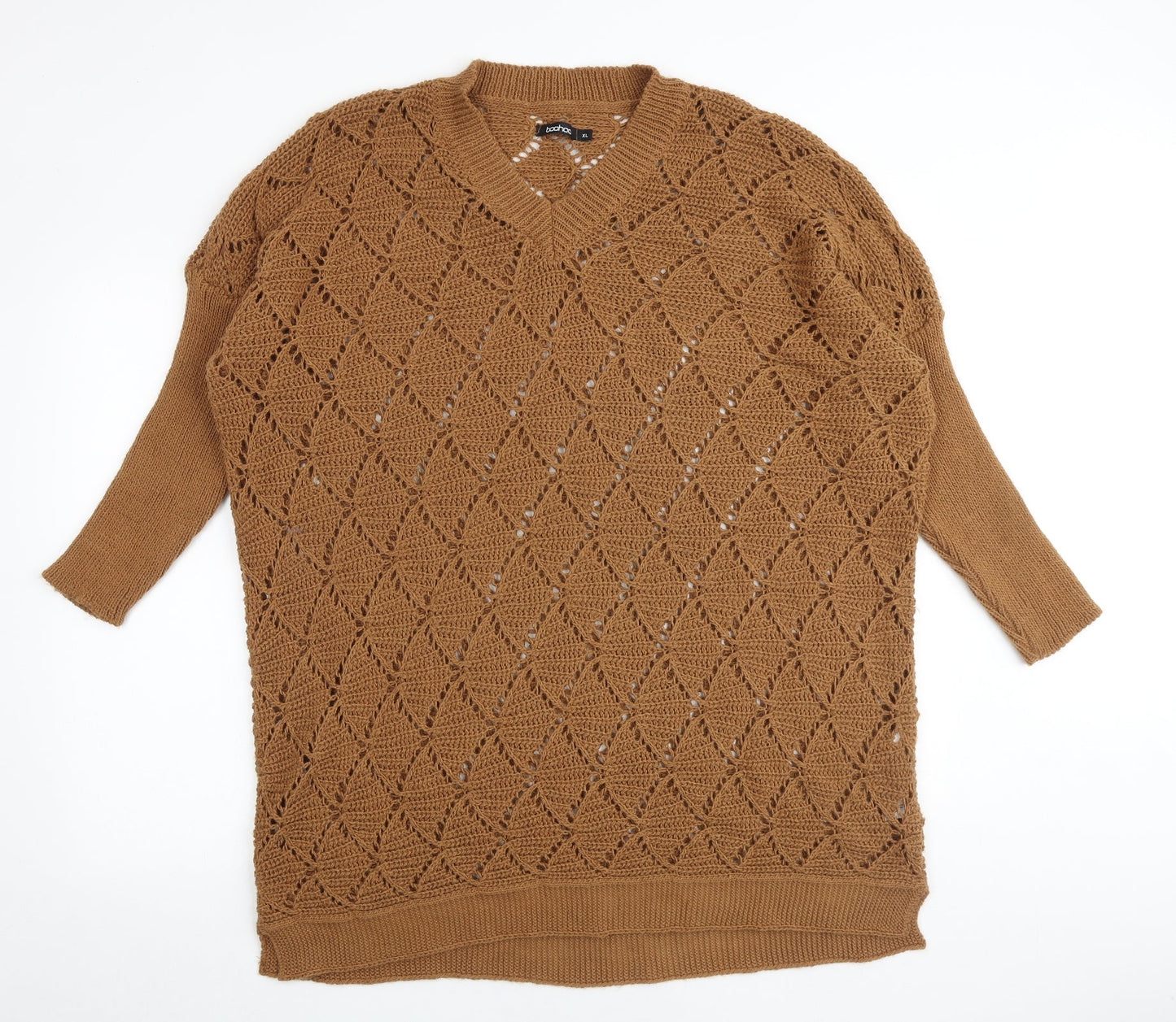 Boohoo Womens Brown Geometric Acrylic Jumper Dress Size XL V-Neck Pullover