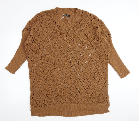 Boohoo Womens Brown Geometric Acrylic Jumper Dress Size XL V-Neck Pullover