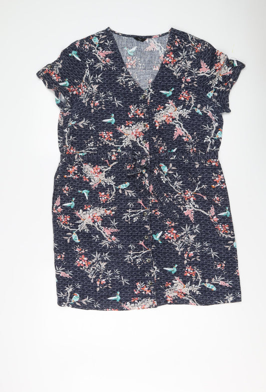 M&Co Womens Blue Floral Viscose A-Line Size 16 V-Neck Button