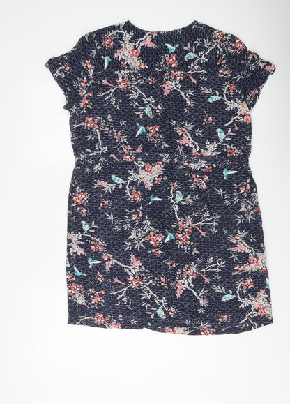 M&Co Womens Blue Floral Viscose A-Line Size 16 V-Neck Button