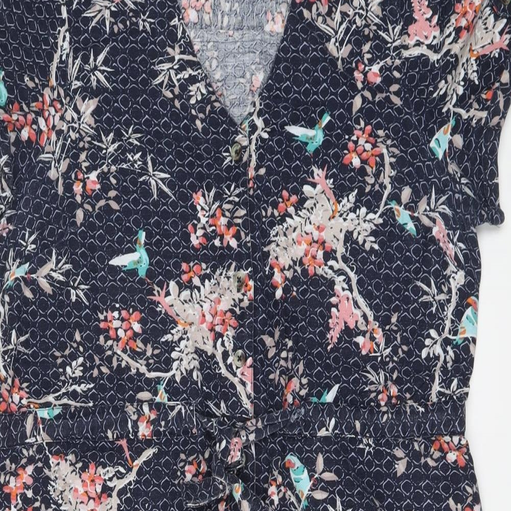M&Co Womens Blue Floral Viscose A-Line Size 16 V-Neck Button