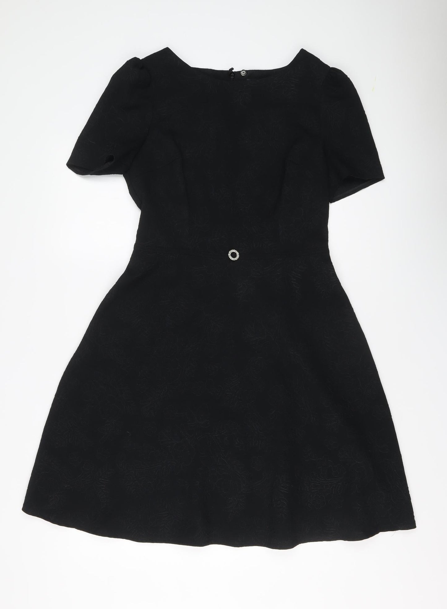 Marks and Spencer Womens Black Geometric Polyester Shift Size 10 Round Neck Zip