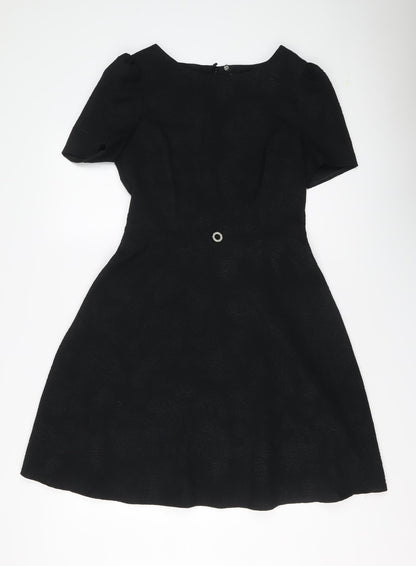 Marks and Spencer Womens Black Geometric Polyester Shift Size 10 Round Neck Zip