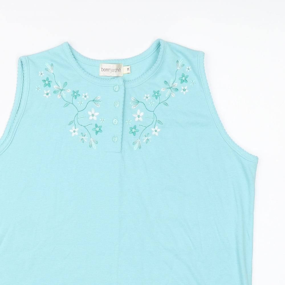 Bonmarché Womens Blue Polyester Basic T-Shirt Size M Henley - Floral Detail