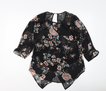 Suzy Shier Womens Black Floral Polyester Basic Blouse Size S Round Neck