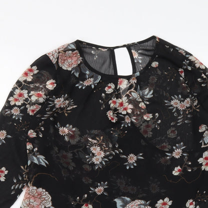 Suzy Shier Womens Black Floral Polyester Basic Blouse Size S Round Neck