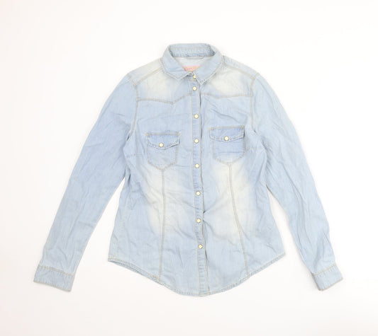 Denim & Co. Womens Blue Cotton Basic Button-Up Size 10 Collared