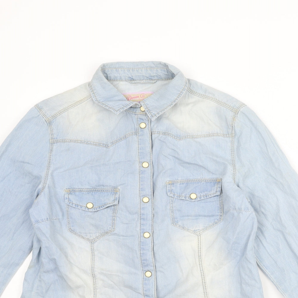 Denim & Co. Womens Blue Cotton Basic Button-Up Size 10 Collared