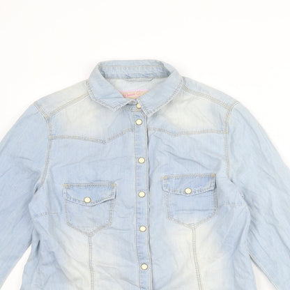 Denim & Co. Womens Blue Cotton Basic Button-Up Size 10 Collared