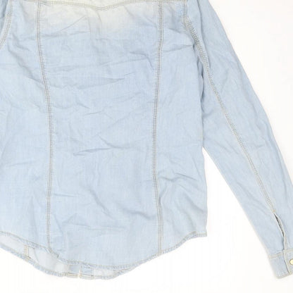 Denim & Co. Womens Blue Cotton Basic Button-Up Size 10 Collared