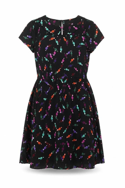 Influence Womens Black Floral Polyester Fit & Flare Size 10 Round Neck Button - Sweet pattern