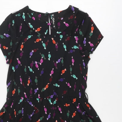 Influence Womens Black Floral Polyester Fit & Flare Size 10 Round Neck Button - Sweet pattern