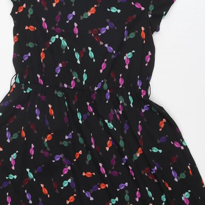 Influence Womens Black Floral Polyester Fit & Flare Size 10 Round Neck Button - Sweet pattern