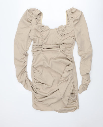 PRETTYLITTLETHING Womens Beige Polyester Bodycon Size 10 Sweetheart Zip
