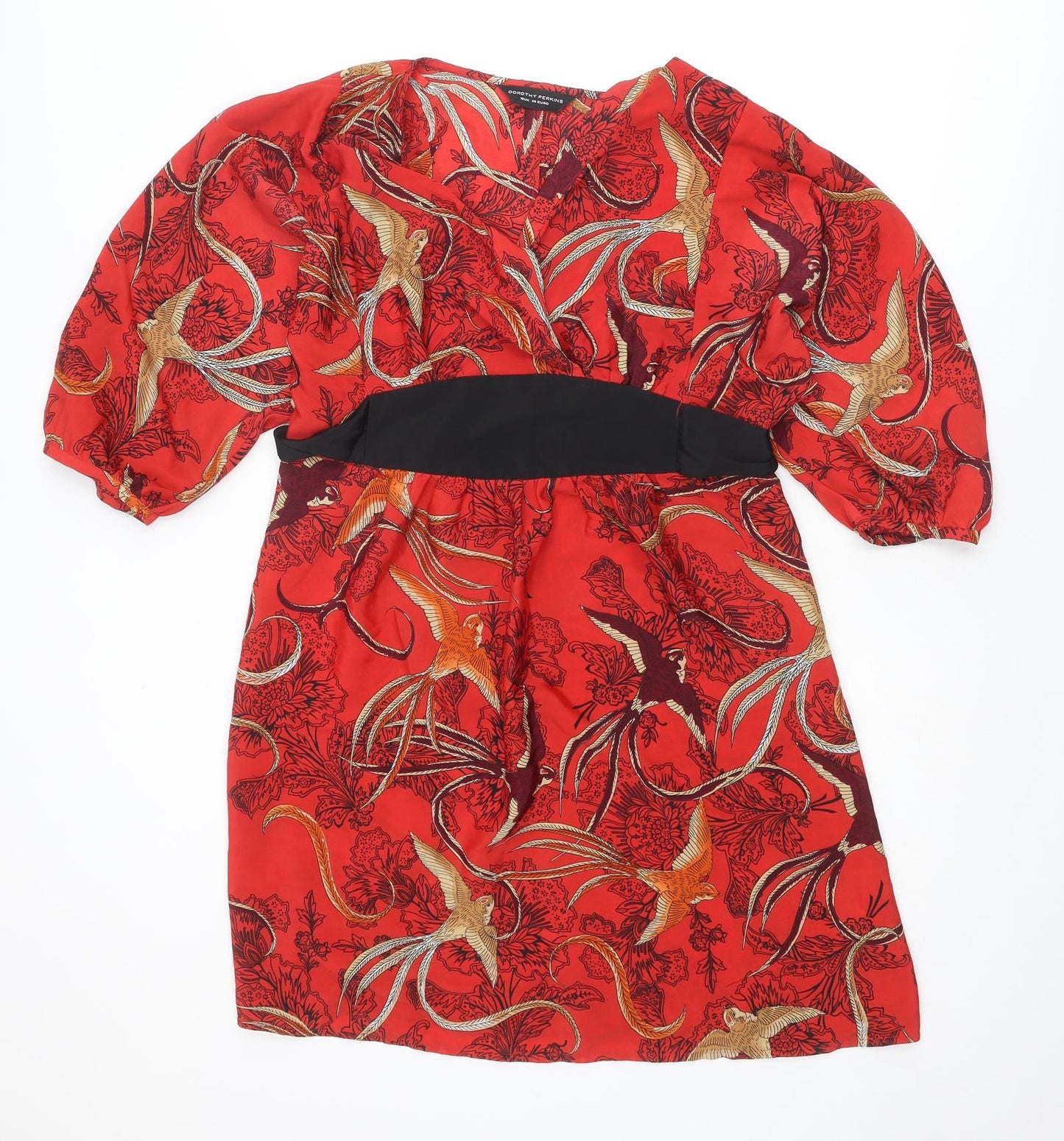 Dorothy Perkins Womens Red Geometric Polyester A-Line Size 12 V-Neck Pullover - Bird pattern