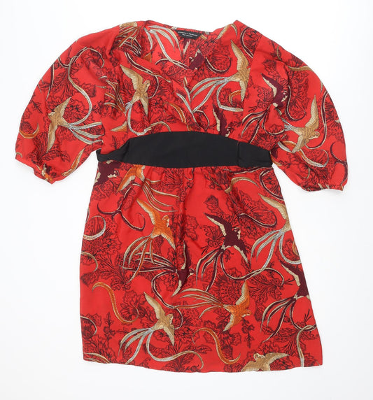 Dorothy Perkins Womens Red Geometric Polyester A-Line Size 12 V-Neck Pullover - Bird pattern