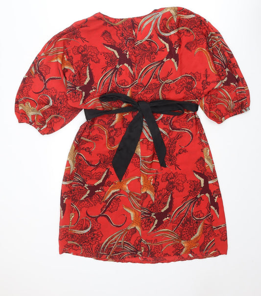 Dorothy Perkins Womens Red Geometric Polyester A-Line Size 12 V-Neck Pullover - Bird pattern