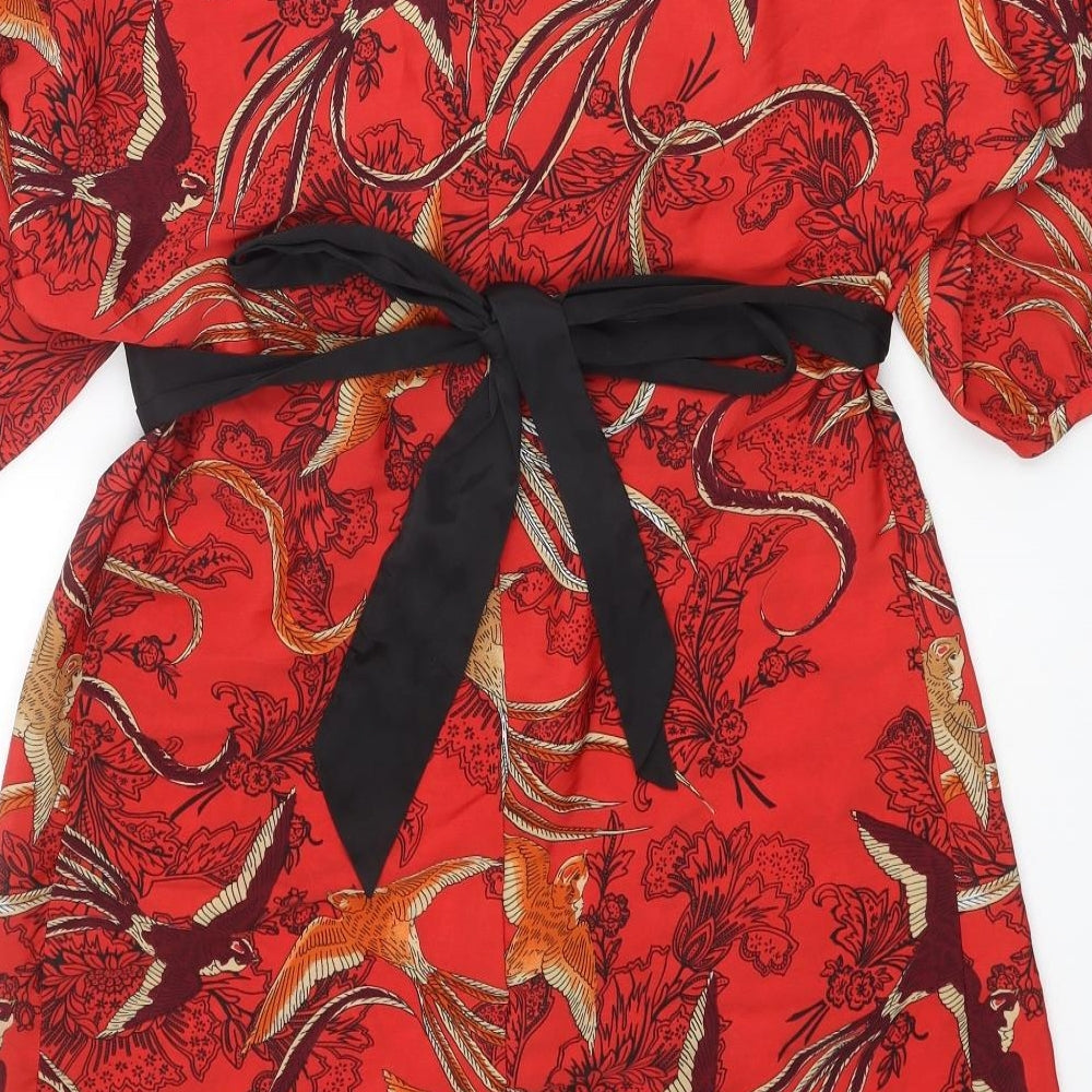 Dorothy Perkins Womens Red Geometric Polyester A-Line Size 12 V-Neck Pullover - Bird pattern