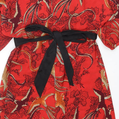 Dorothy Perkins Womens Red Geometric Polyester A-Line Size 12 V-Neck Pullover - Bird pattern