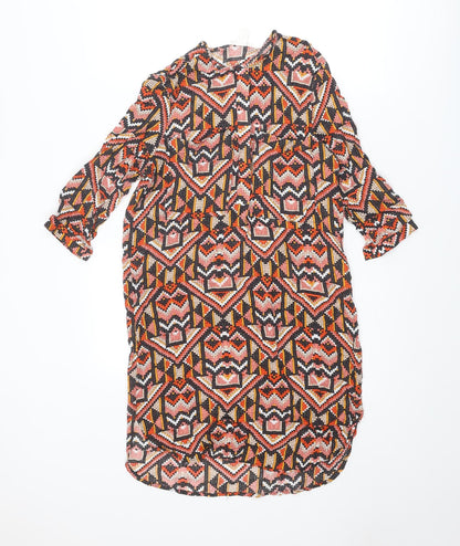 H&M Womens Multicoloured Geometric Viscose A-Line Size 8 Round Neck Button